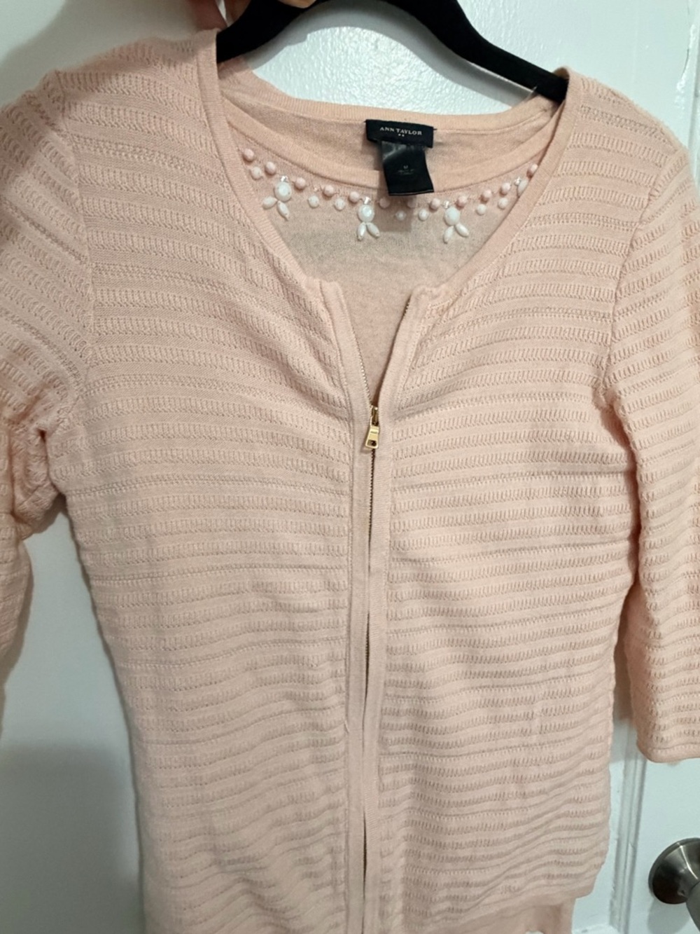 Ann Taylor Pale Pink Zip-Front Knit Cardigan with Beaded Trim